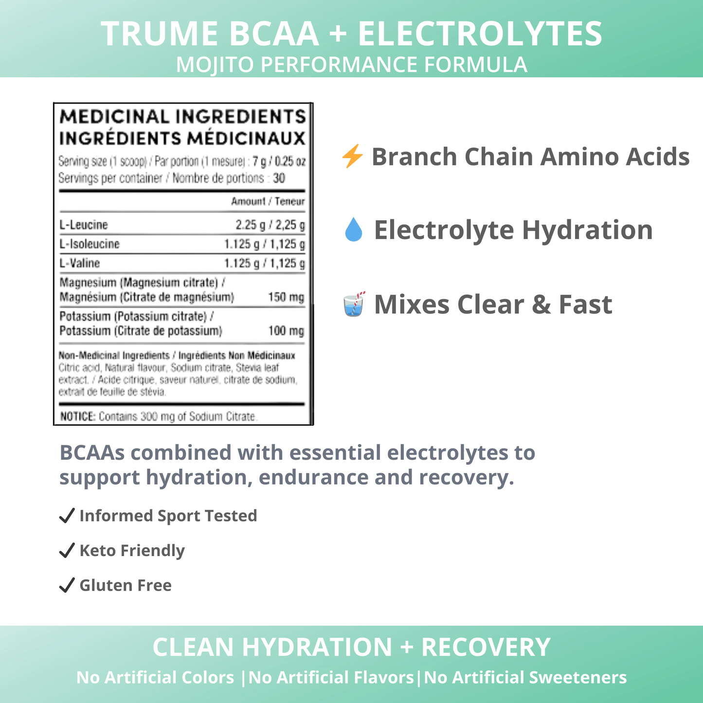 BCAA Amino Acid Supplement with Electrolytes - Mojito (Case of 12) - TruMe Wellness