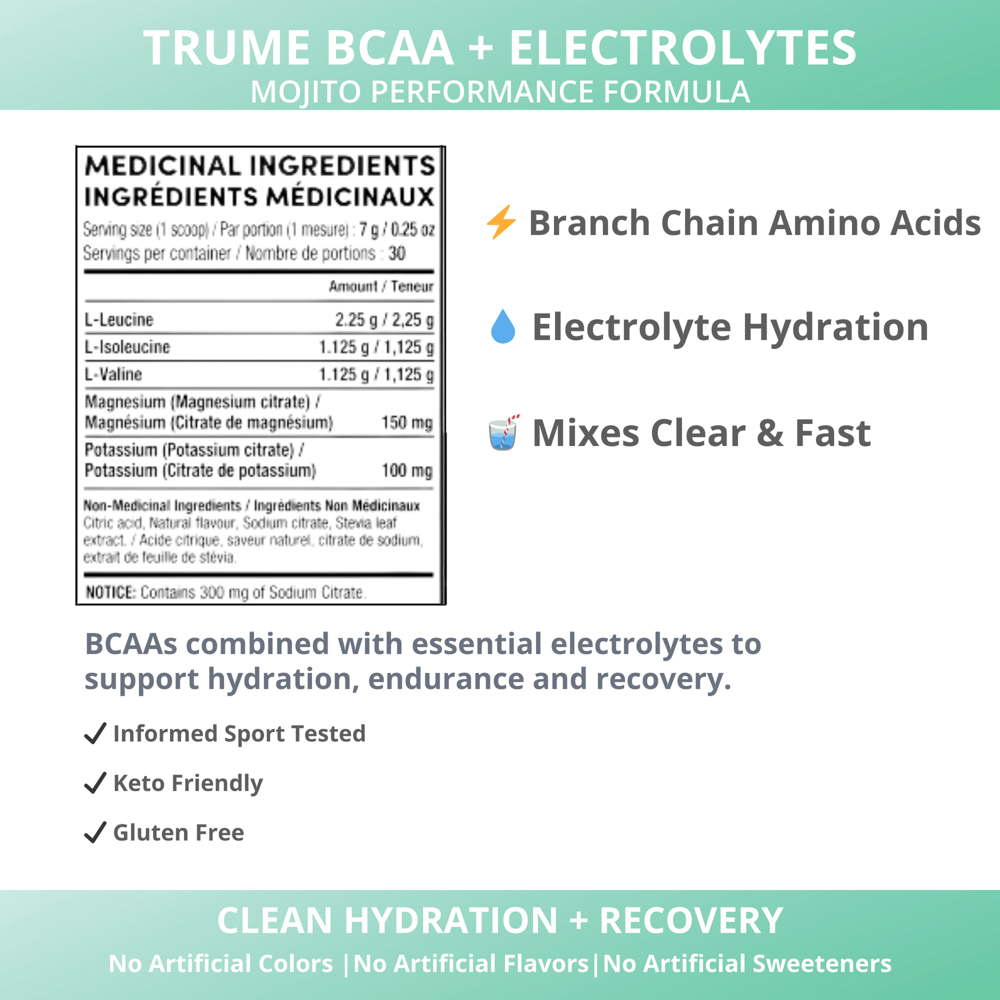 BCAA Amino Acid Supplement with Electrolytes - Mojito (Case of 12) - TruMe Wellness