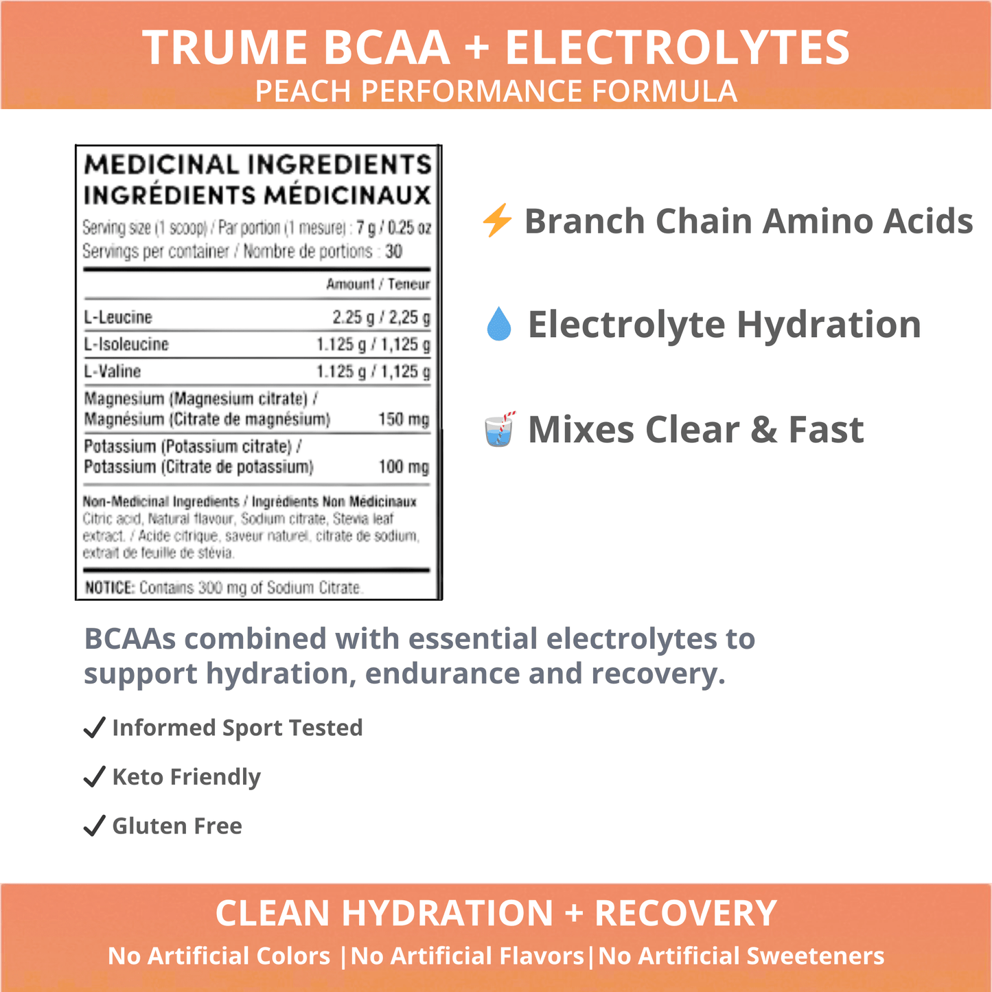 BCAA Powder with Electrolytes - Peach - TruMe Wellness