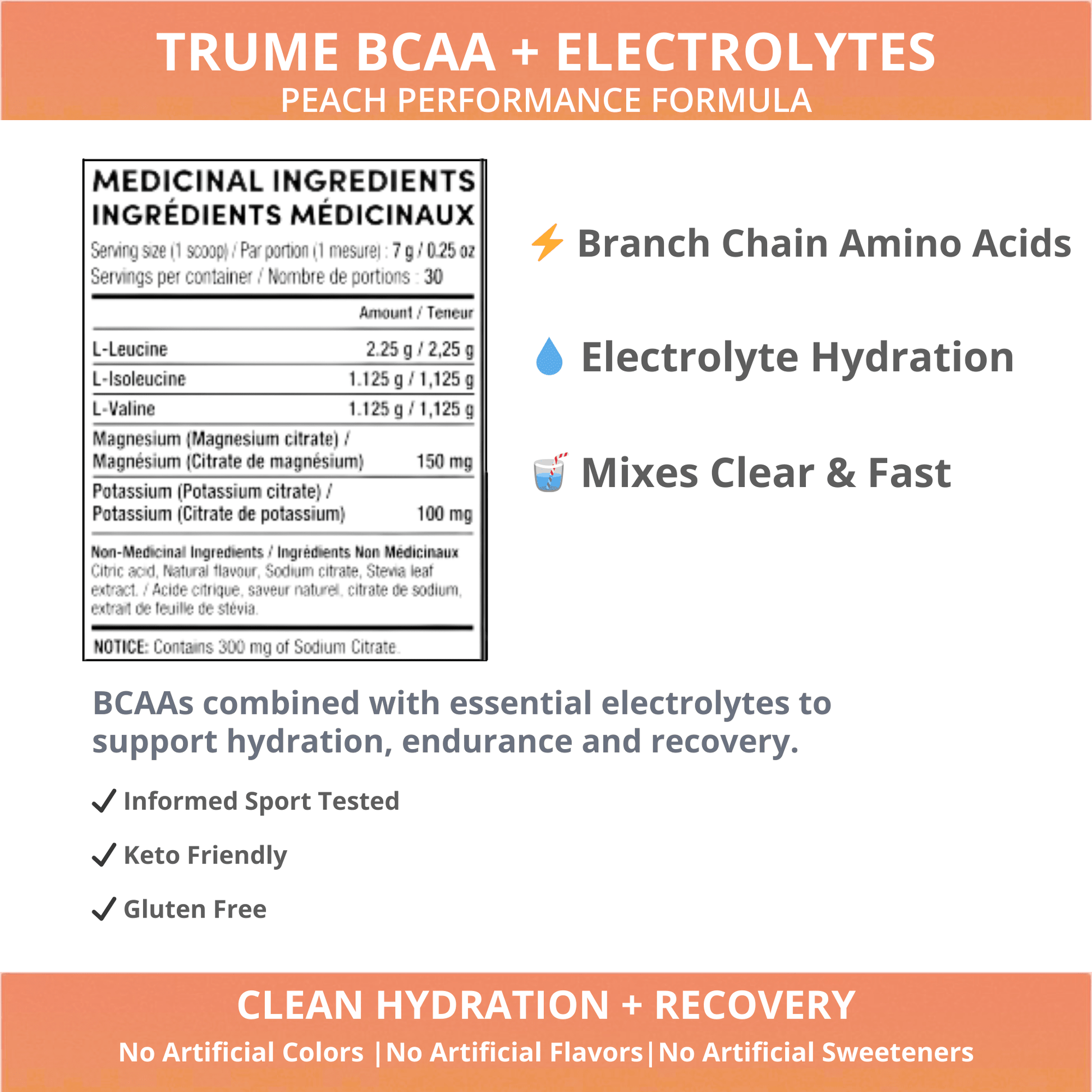 BCAA Powder with Electrolytes - Peach - TruMe Wellness