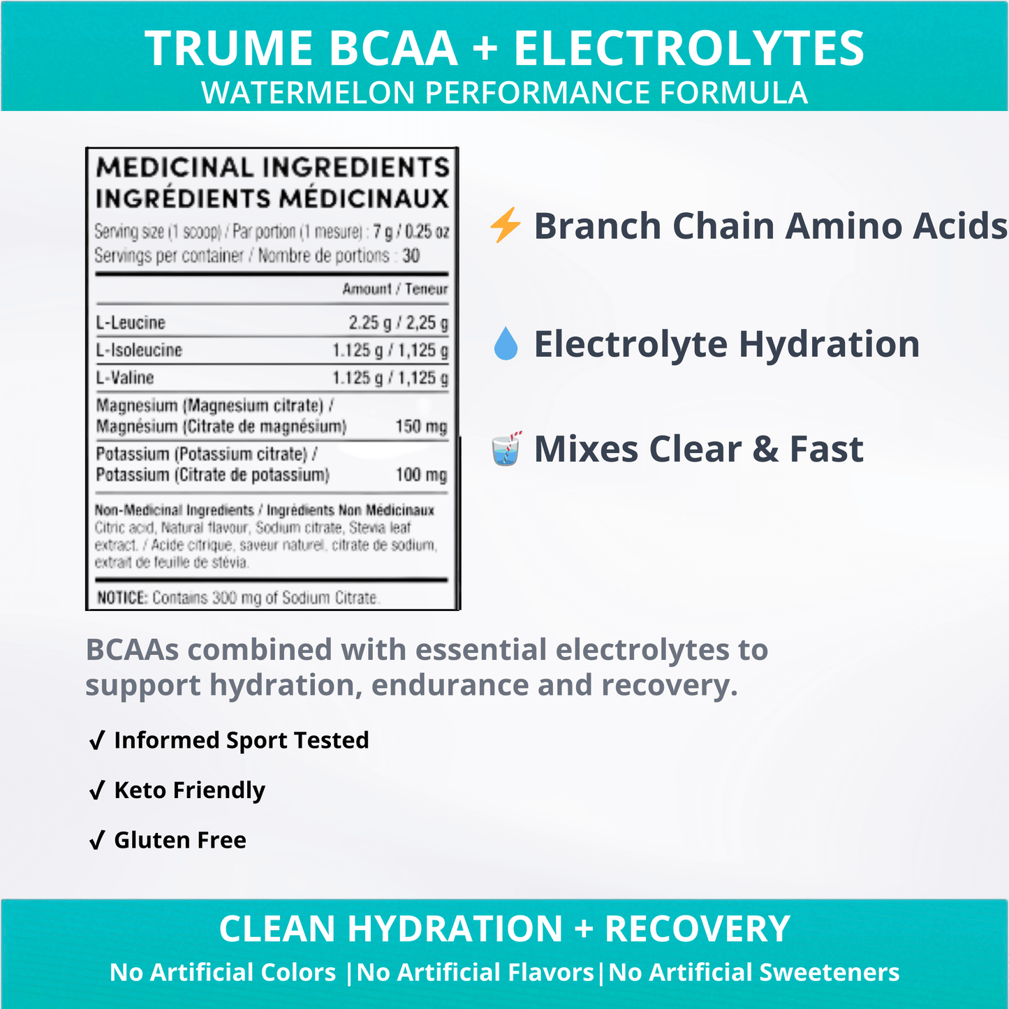 BCAA Powder with Electrolytes - Watermelon - TruMe Wellness