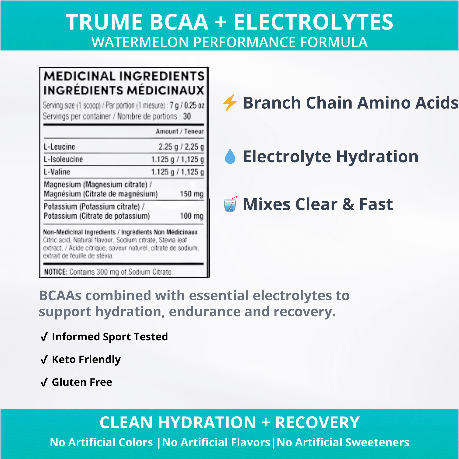 BCAA Powder with Electrolytes - Watermelon - TruMe Wellness